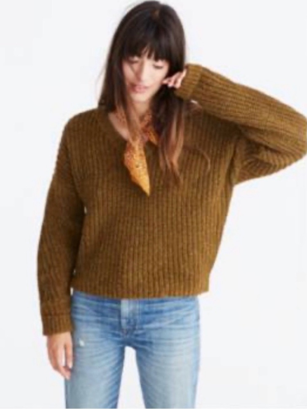 Madewell Olive/Copper/Brown Pleat-Sleeve Pullover Sweater